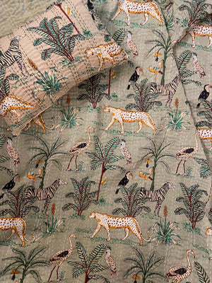 Sage Green Jungle Print Single Bed Hand Embroidered Dohar - Nakhrro