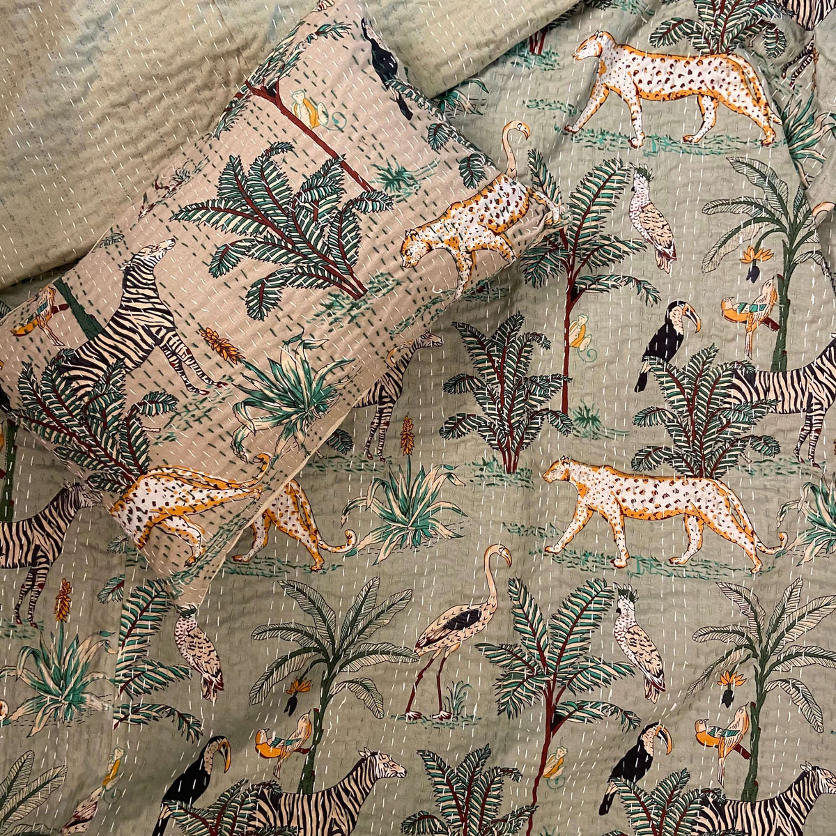Sage Green Jungle Print Single Bed Hand Embroidered Dohar - Nakhrro
