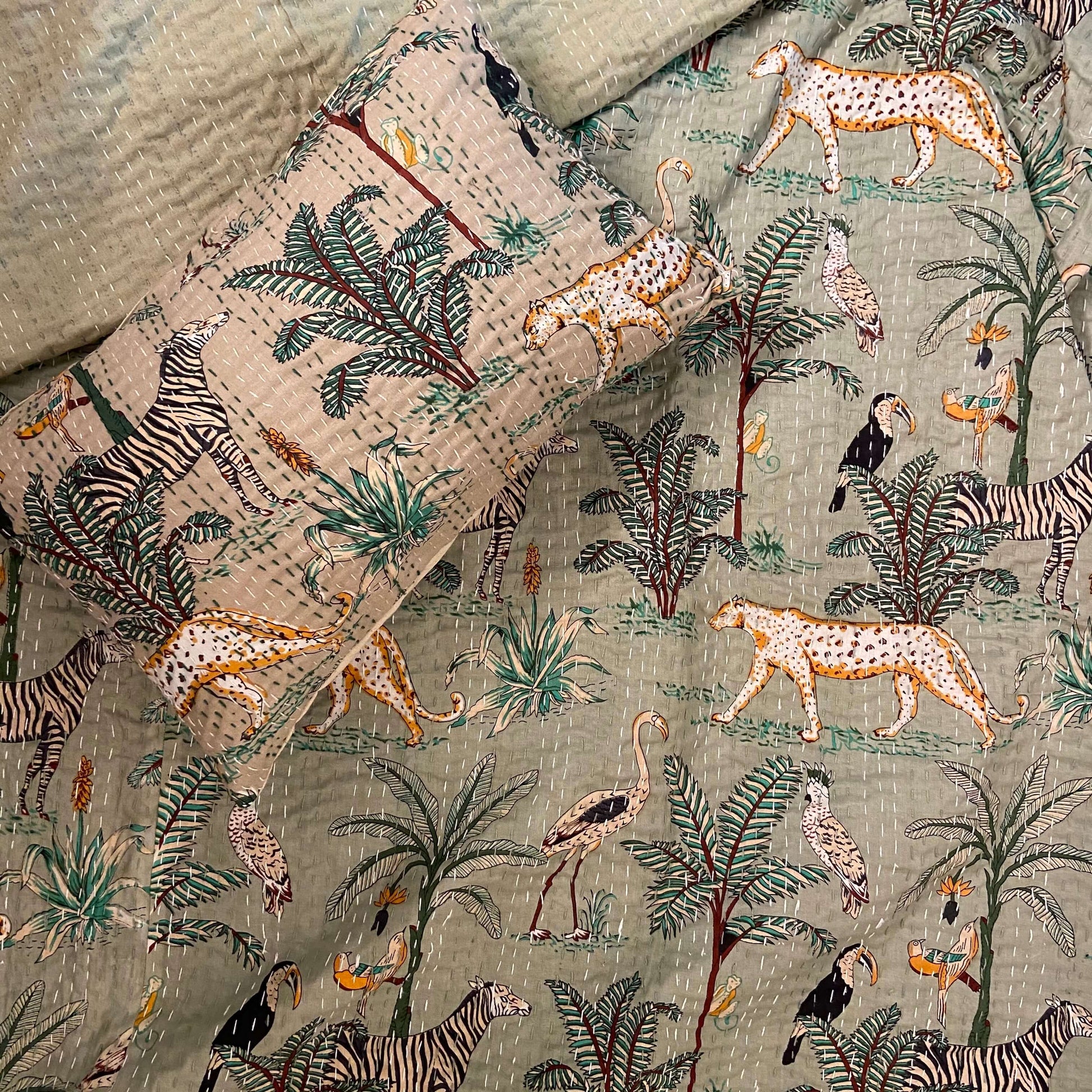 Sage Green Jungle Print Single Bed Hand Embroidered Dohar - Nakhrro