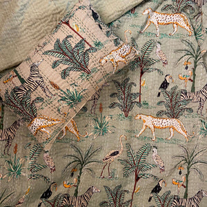 Sage Green Jungle Print Single Bed Hand Embroidered Dohar - Nakhrro