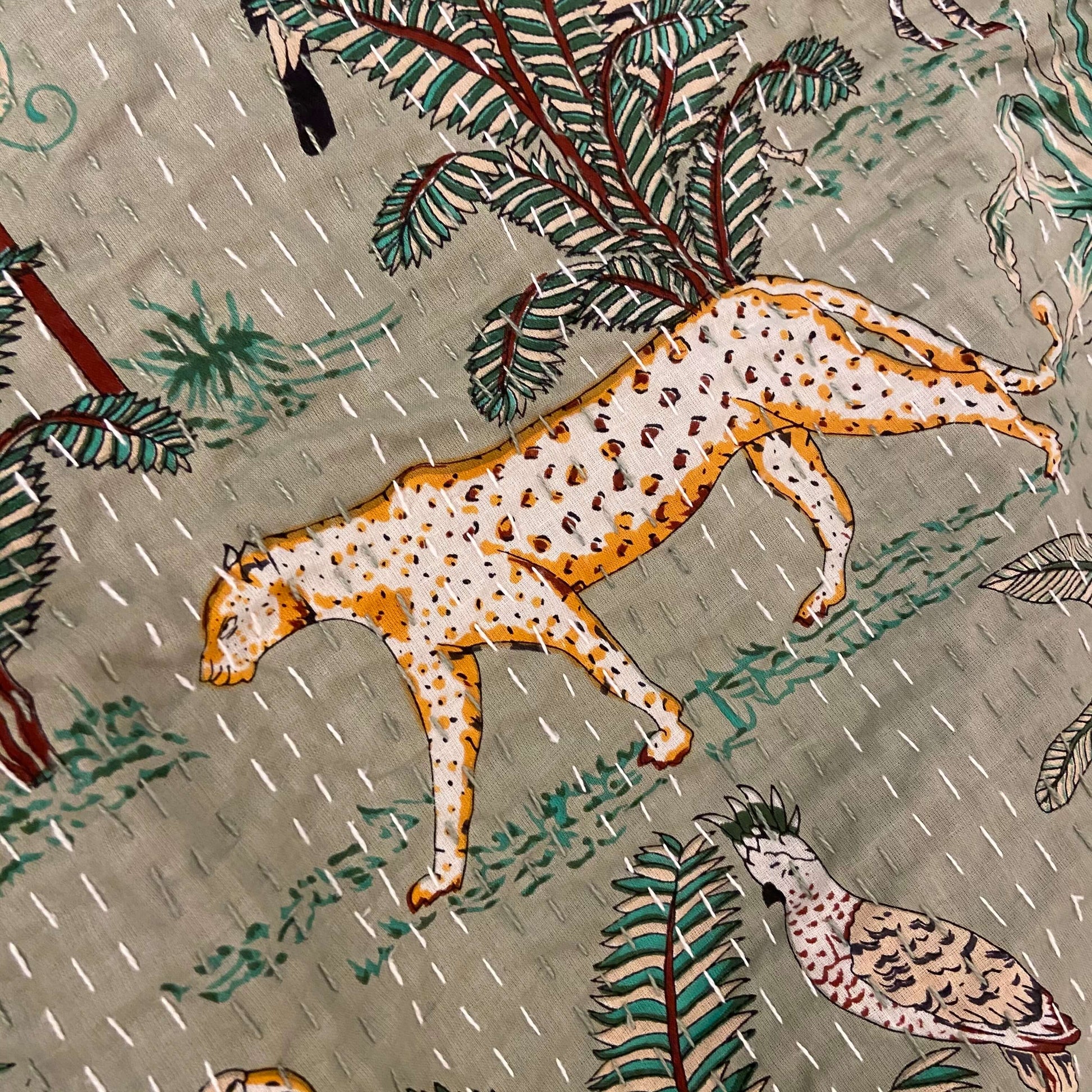 Sage Green Jungle Print Single Bed Hand Embroidered Dohar - Nakhrro