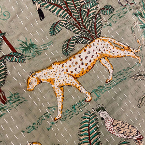 Sage Green Jungle Print Single Bed Hand Embroidered Dohar - Nakhrro