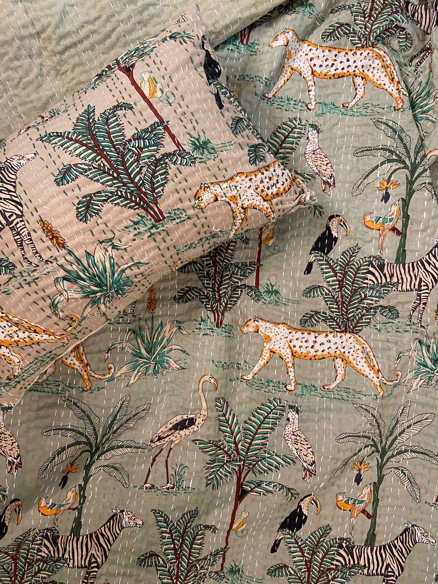 Sage Green Jungle Print Single Bed Hand Embroidered Dohar - Nakhrro