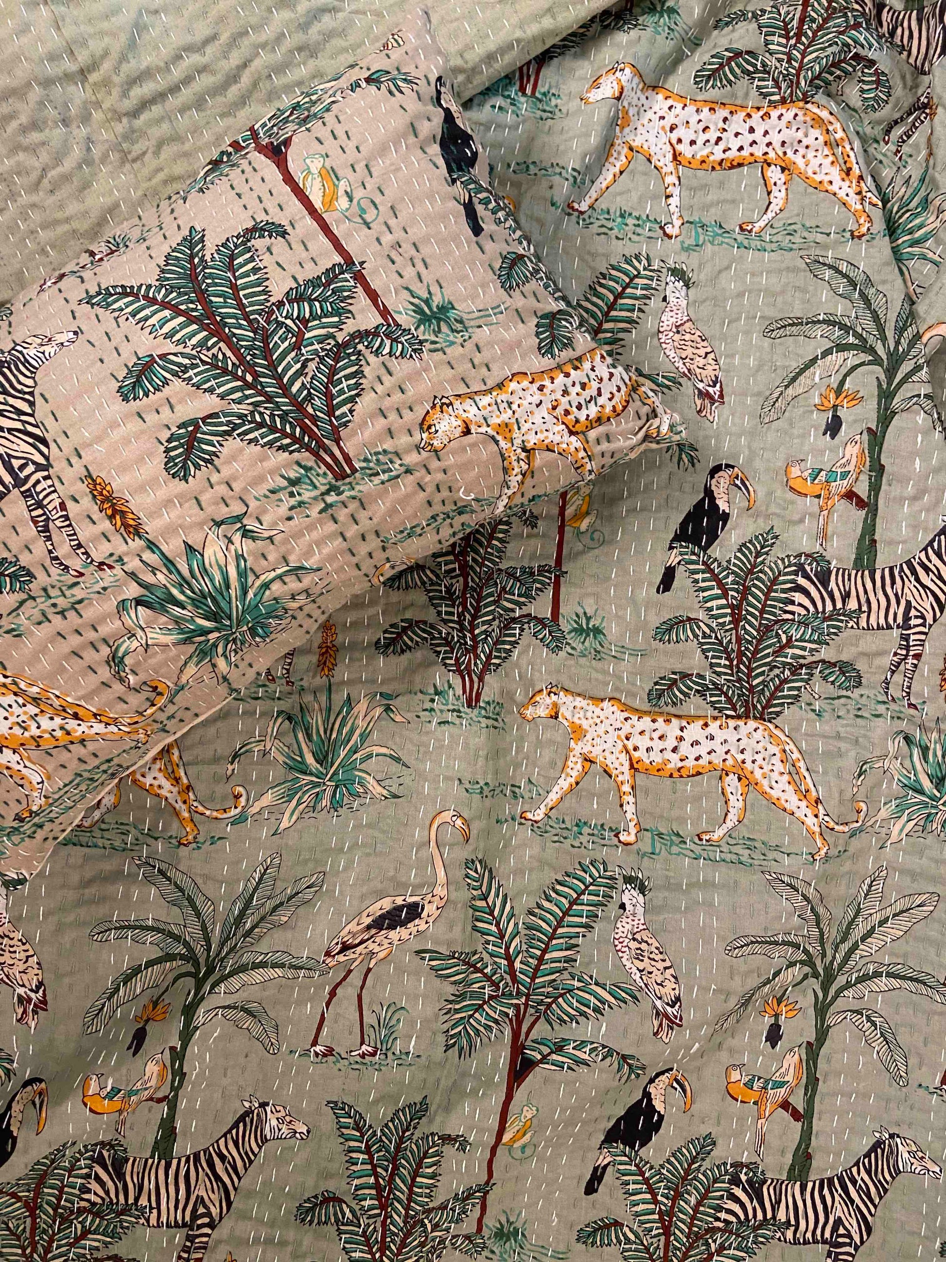 Sage Green Jungle Print Single Bed Hand Embroidered Dohar - Nakhrro