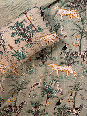 Sage Green Jungle Print Single Bed Hand Embroidered Dohar - Nakhrro