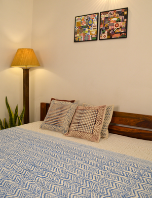 Chevron Blue Double Bed Queen Hand Embroidered Bedspread/ Dohar - Nakhrro