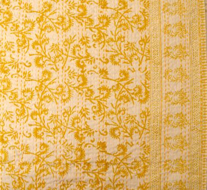 Yellow Floral Hand Block Double Bed Queen Hand Embroidered Bedspread/ Dohar - Nakhrro