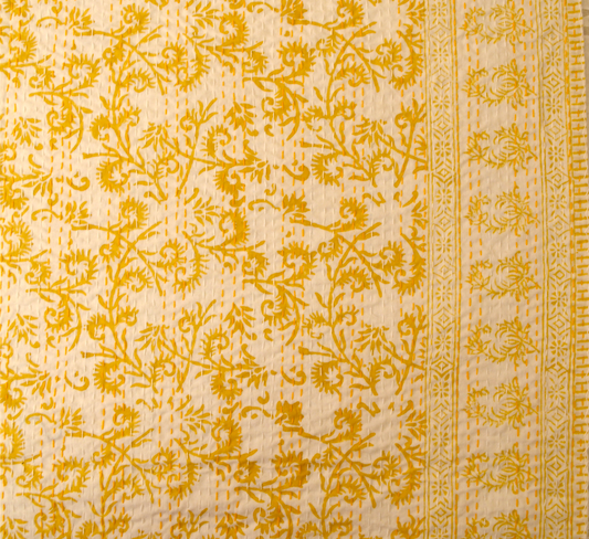 Yellow Floral Hand Block Double Bed Queen Hand Embroidered Bedspread/ Dohar - Nakhrro