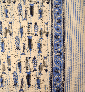 Blue Fishes Hand Block Print Double Bed Queen Hand Embroidered Bedspread/ Dohar - Nakhrro