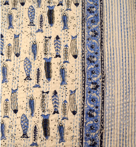 Blue Fishes Hand Block Print Double Bed Queen Hand Embroidered Bedspread/ Dohar - Nakhrro