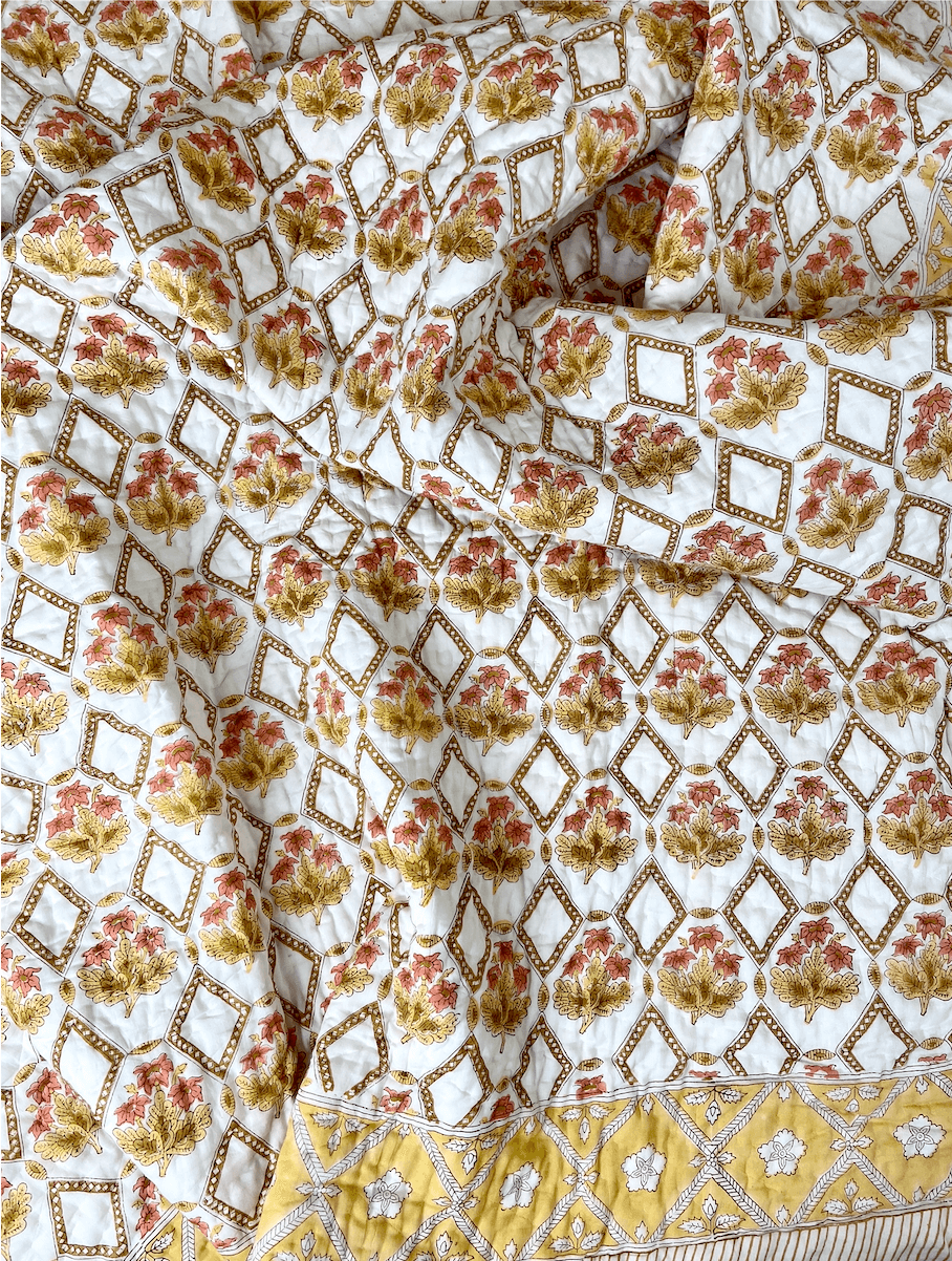 Honeycomb Floral Organic Mul Cotton Reversible Double Bed Quilt - Nakhrro