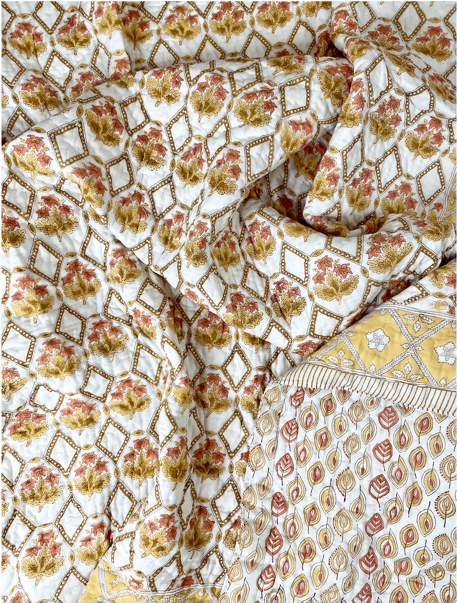 Honeycomb Floral Organic Mul Cotton Reversible Double Bed Quilt - Nakhrro