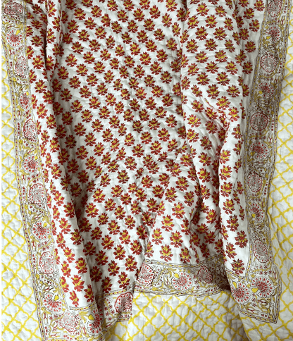 Red Yellow Floral Motifs Organic Mul Cotton Reversible Double Bed Quilt - Nakhrro