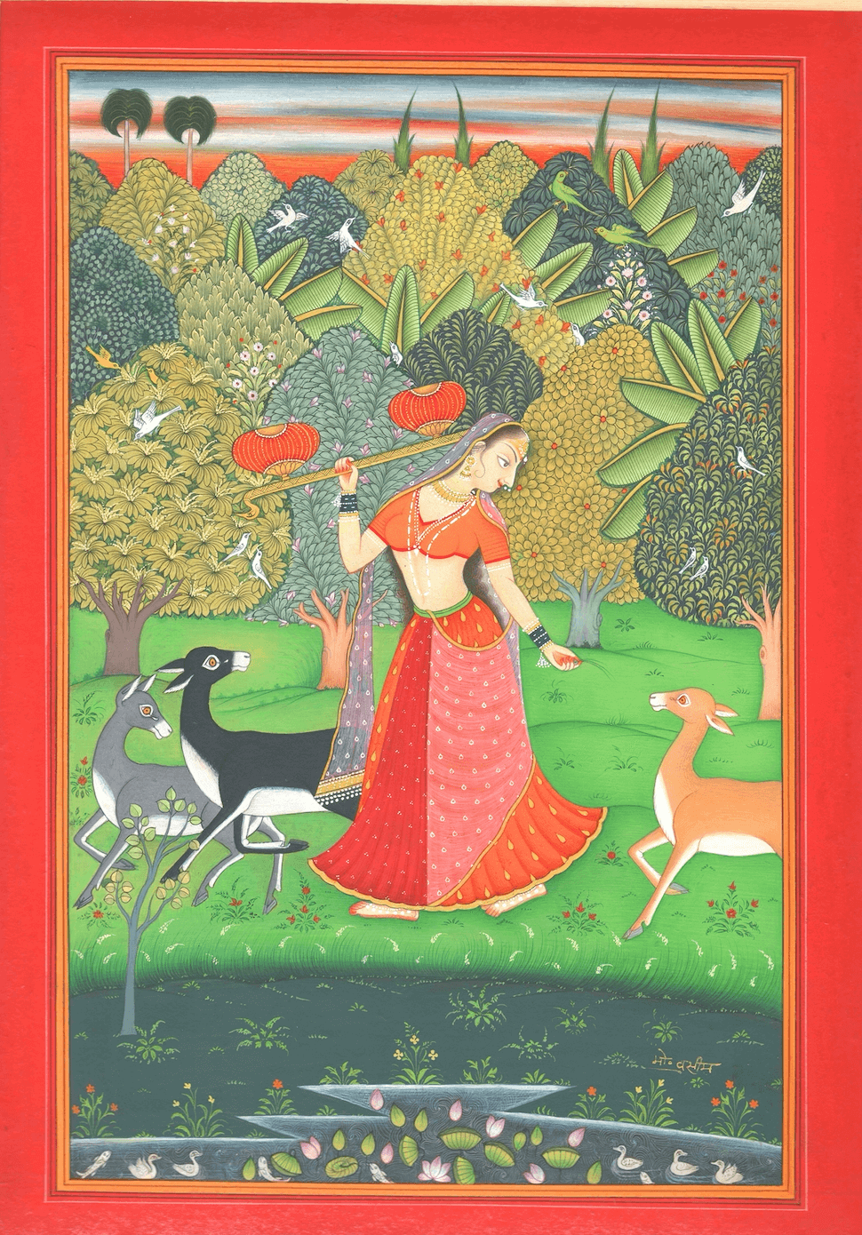 Ragini with Deer in Lotus Grove – Archival Indian Miniature Print - Nakhrro