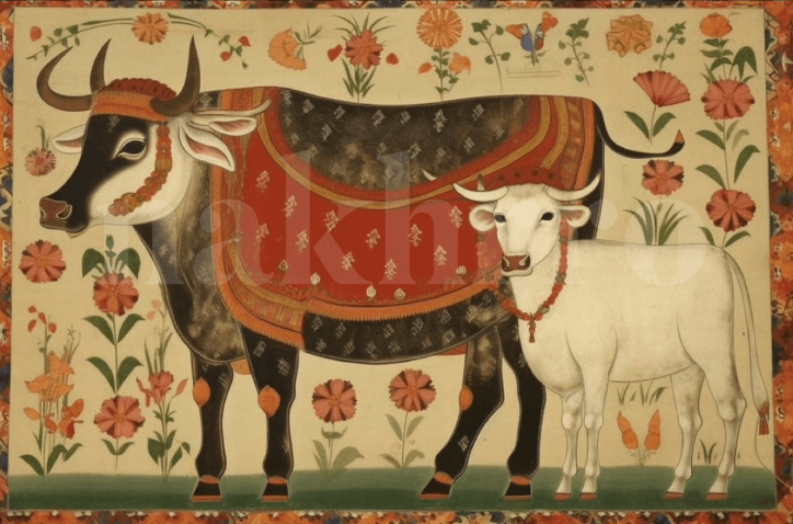 Kamdhenu Cow & Calf Around Mughal Florals - Nakhrro