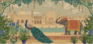 Mughal Palace Garden Scene | Museum-Grade Archival Print | Elephant & Peacock Artwork in Beige & Blue Tones - Nakhrro