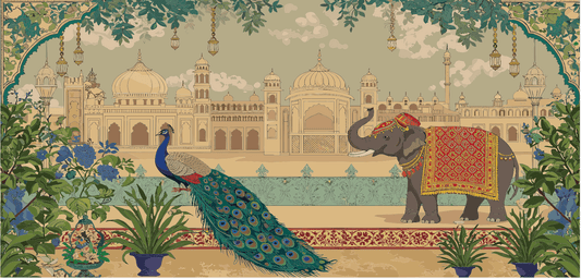 Mughal Palace Garden Scene | Museum-Grade Archival Print | Elephant & Peacock Artwork in Beige & Blue Tones