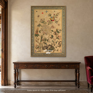 A Garden of Birds and Animals — warm foyer framed styling mockup, print ships unframed