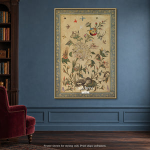 A Garden of Birds and Animals — blue reading room framed styling mockup, print ships unframed