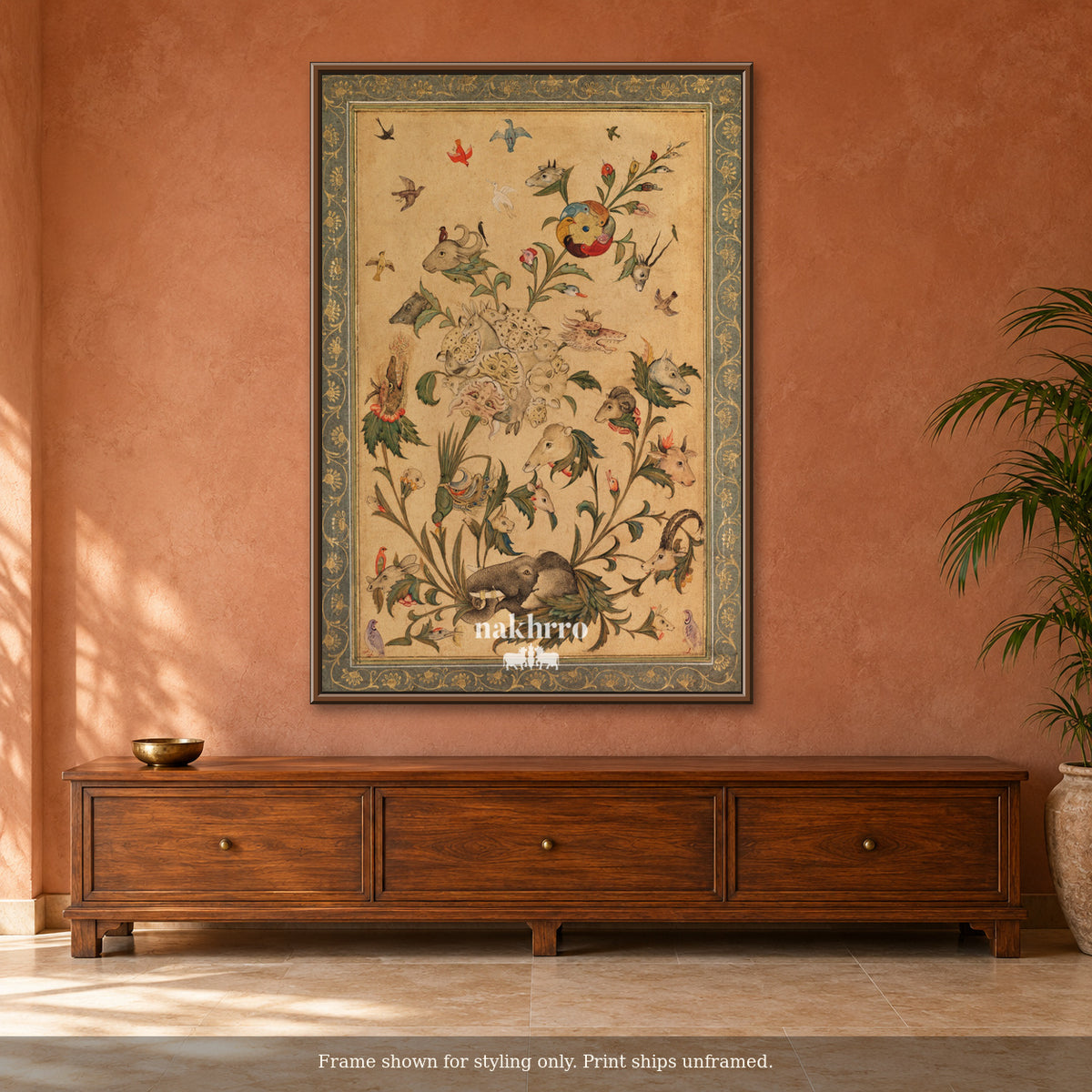 A Garden of Birds and Animals — terracotta room framed styling mockup, print ships unframed