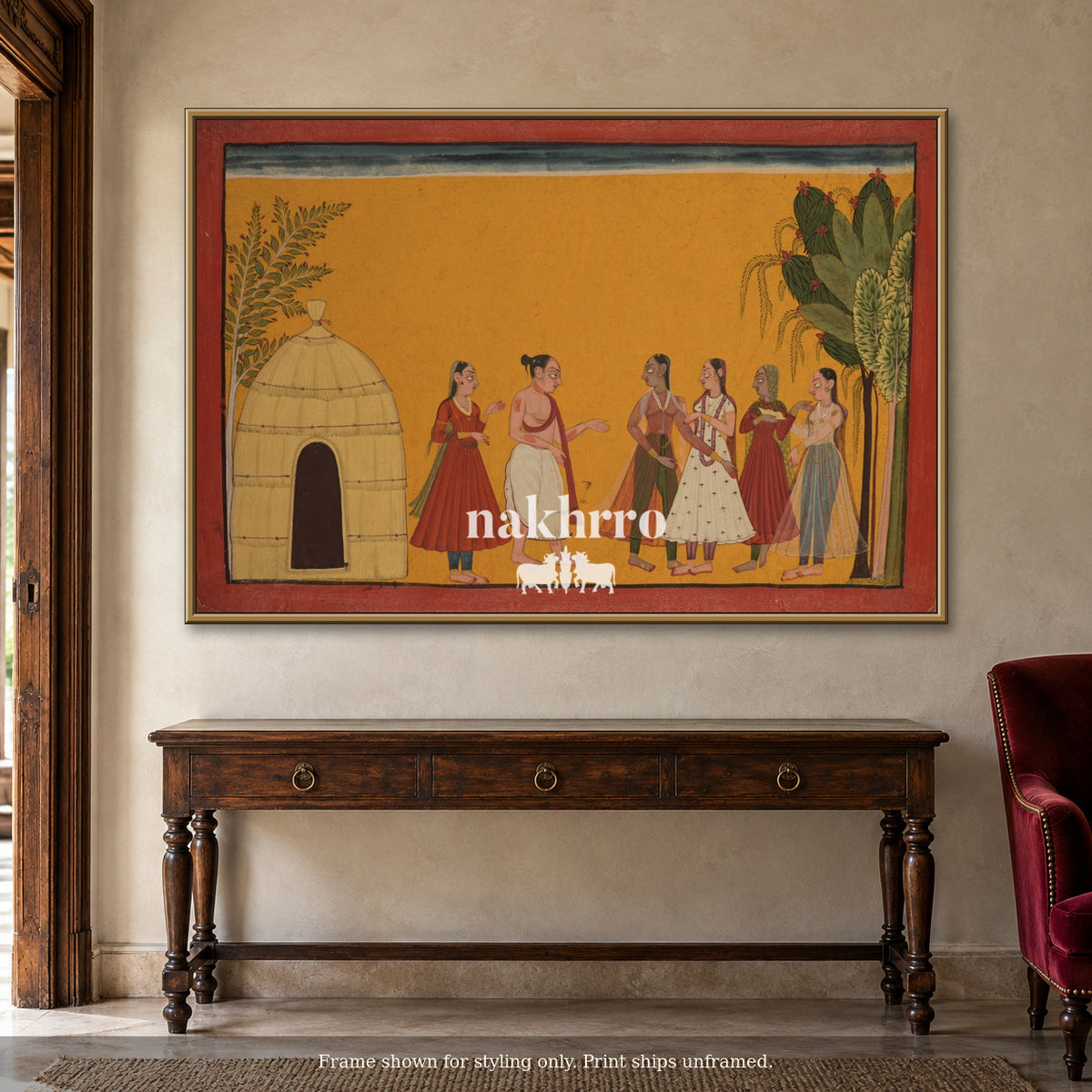 A Gathering in Ochre — warm foyer framed styling mockup, print ships unframed