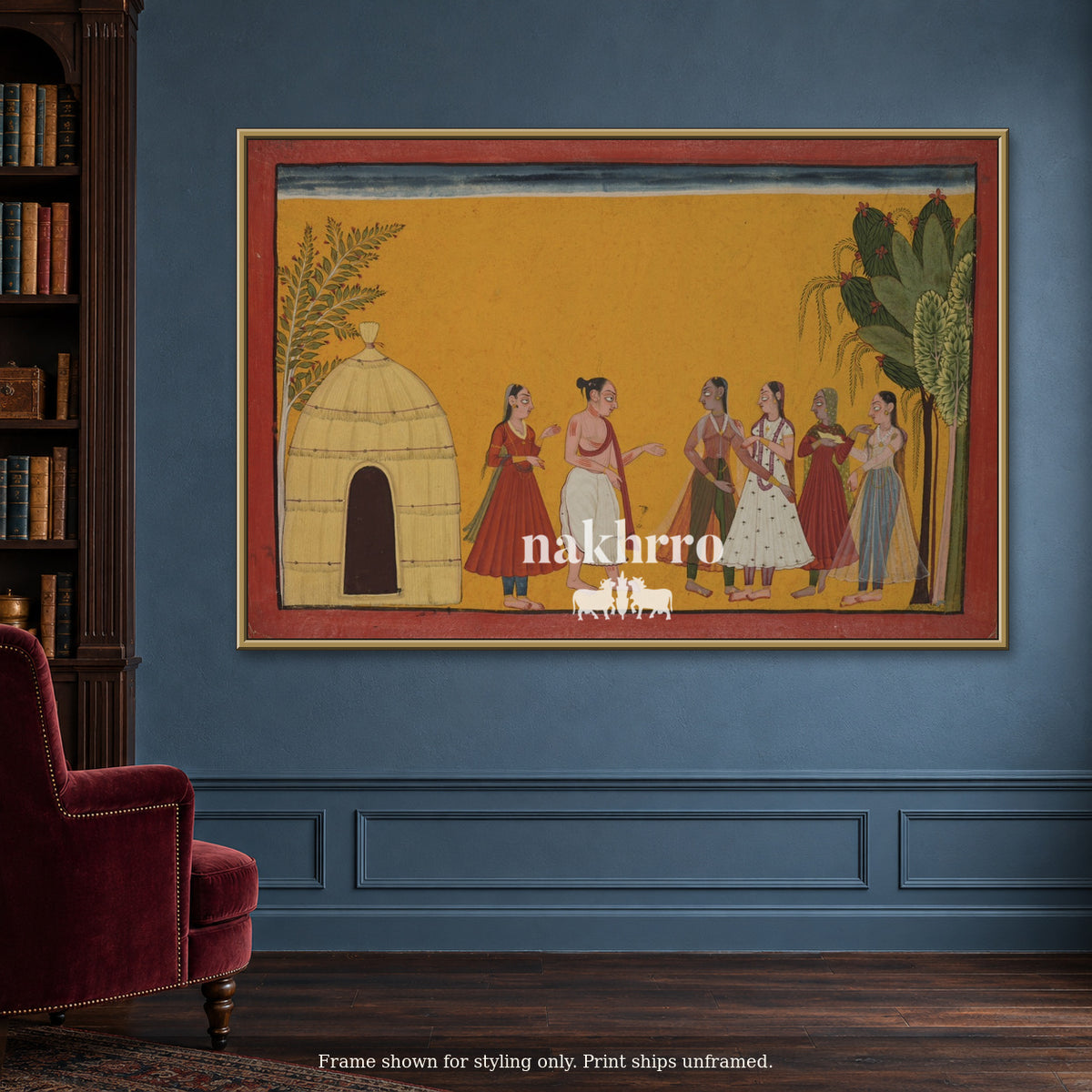 A Gathering in Ochre — blue reading room framed styling mockup, print ships unframed