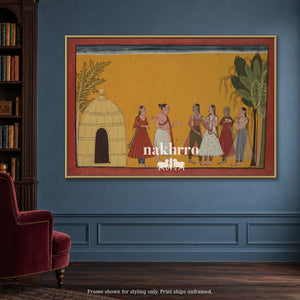 A Gathering in Ochre — blue reading room framed styling mockup, print ships unframed
