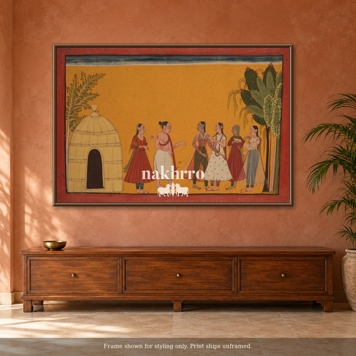 A Gathering in Ochre — terracotta room framed styling mockup, print ships unframed