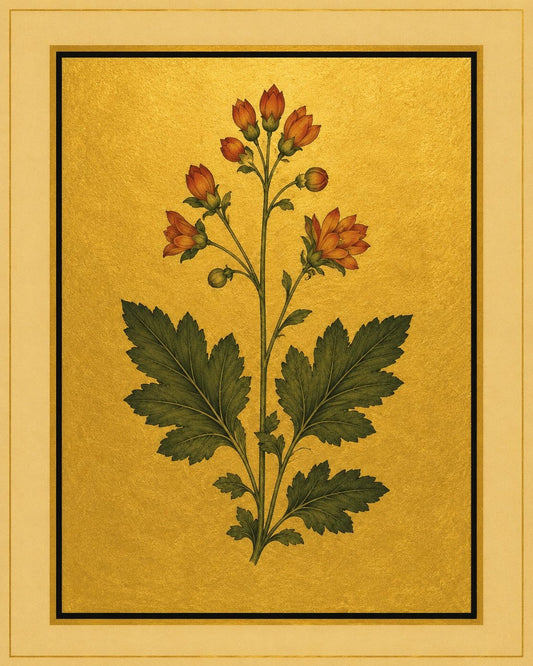 Small amber-orange flowers and buds rise above broad serrated leaves. Gold-ground botanical art.