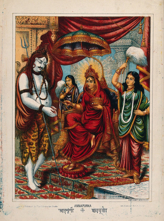 Annapurna giving alms to Shiva in a Calcutta Art Studio chromolithograph
