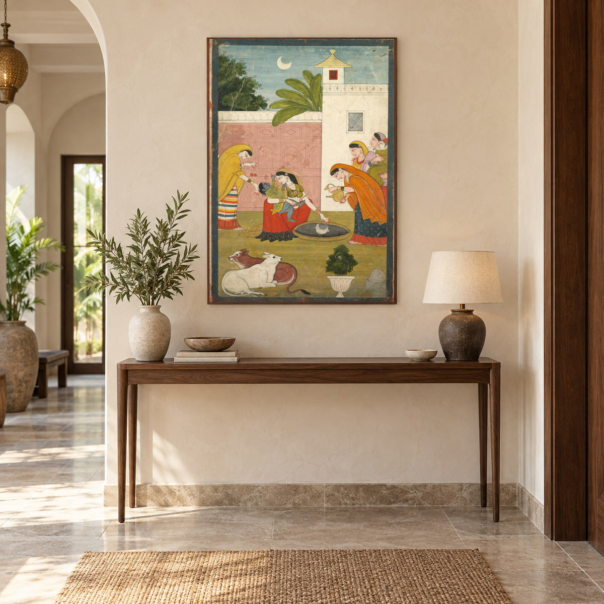 Bal Krishna Reaches for the Moon museum-grade art print in a entryway