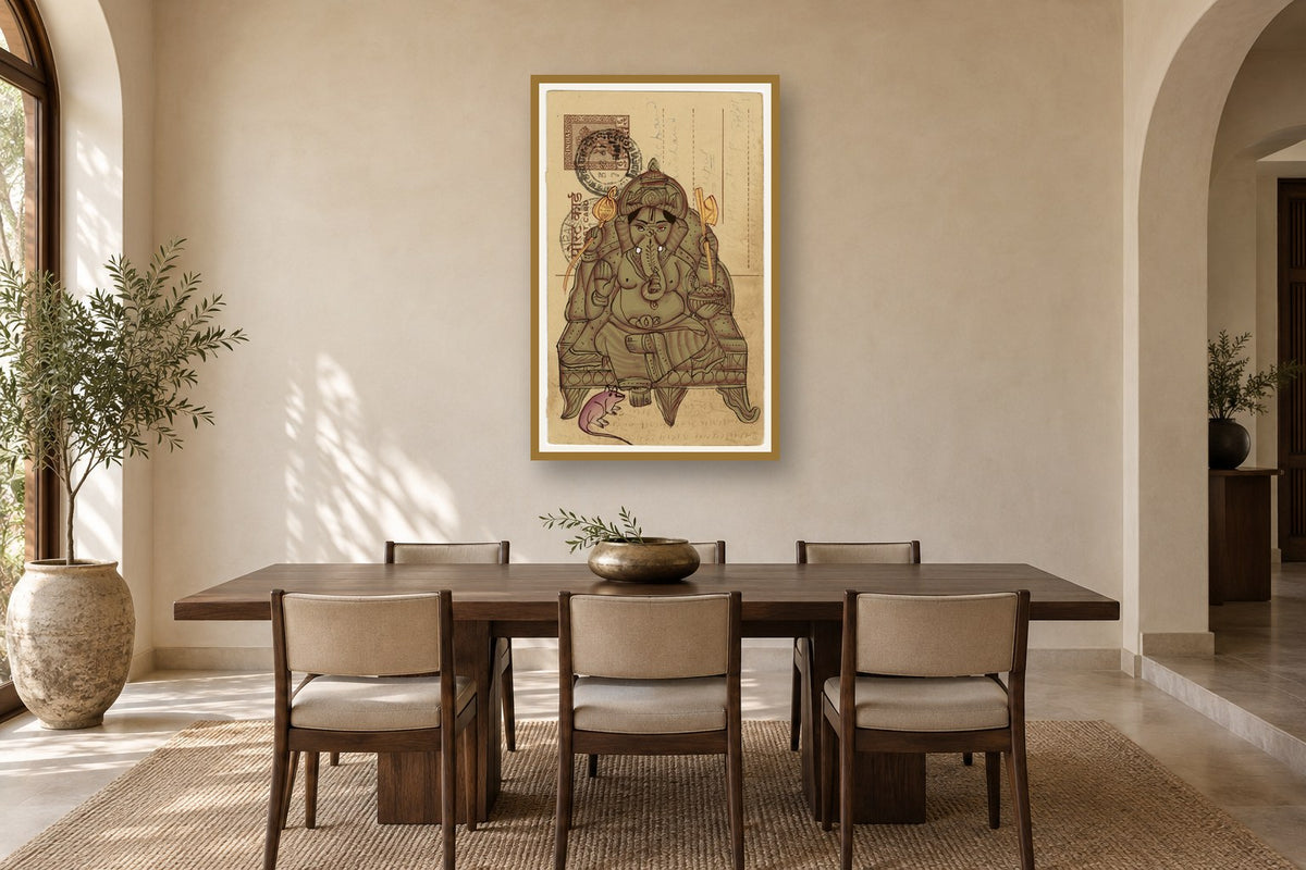 Beige MahaGanesha Postcard styled in a premium dining room