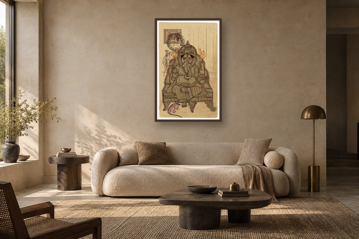 Beige MahaGanesha Postcard styled in a premium living room