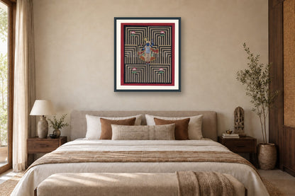 Black Geometrical Shrinath Ji Around Lotus Contemporary Pichwai styled in a premium bedroom