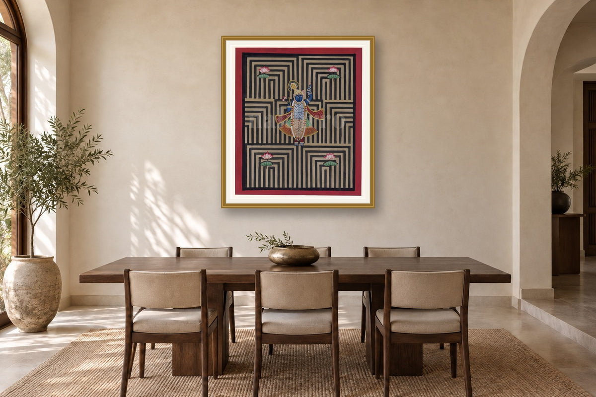 Black Geometrical Shrinath Ji Around Lotus Contemporary Pichwai styled in a premium dining room