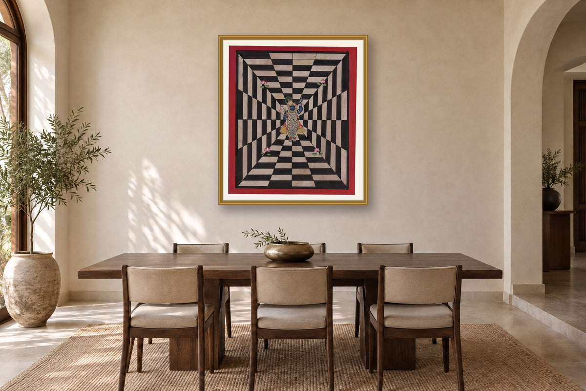 Black Shrinath Ji Hypnotising Contemporary Geometric Pichwai styled in a premium dining room