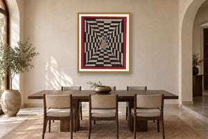 Black Shrinath Ji Hypnotising Contemporary Geometric Pichwai styled in a premium dining room