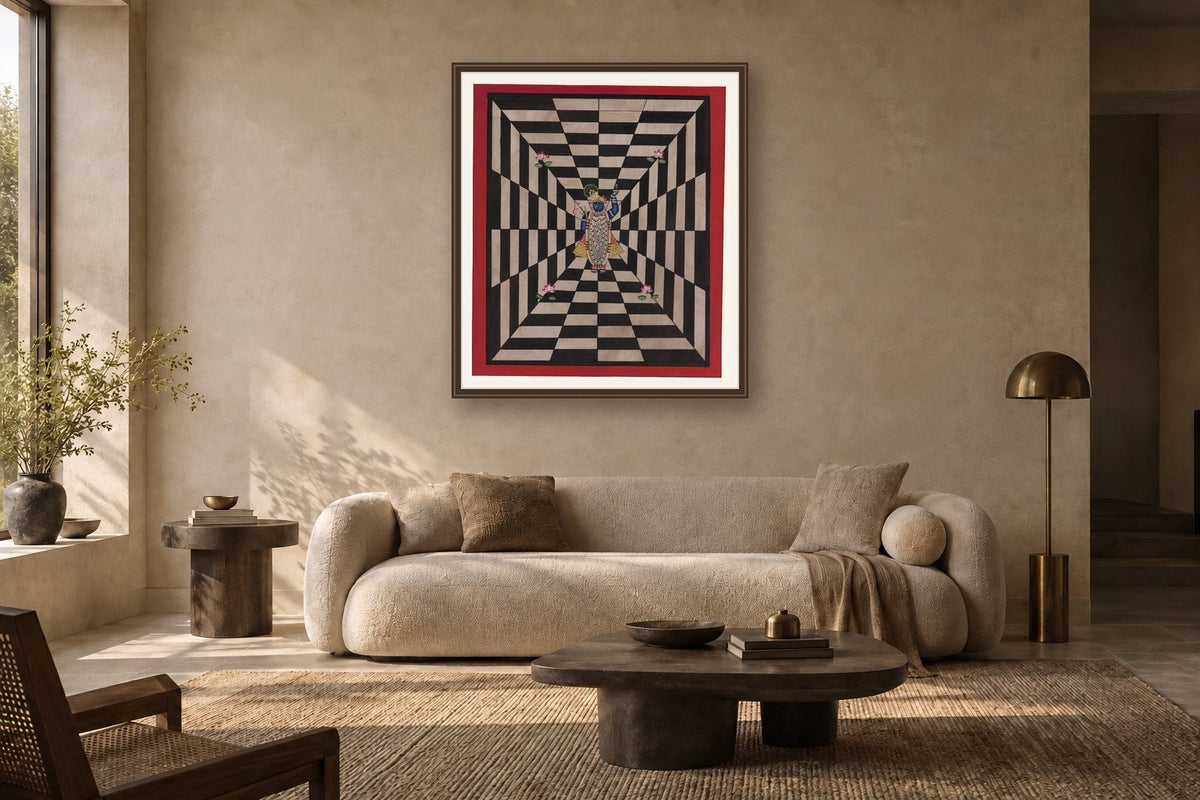 Black Shrinath Ji Hypnotising Contemporary Geometric Pichwai styled in a premium living room