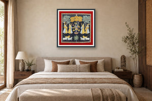 Black Shrinath Ji Sharad Poornima Contemporary Pichwai styled in a premium bedroom