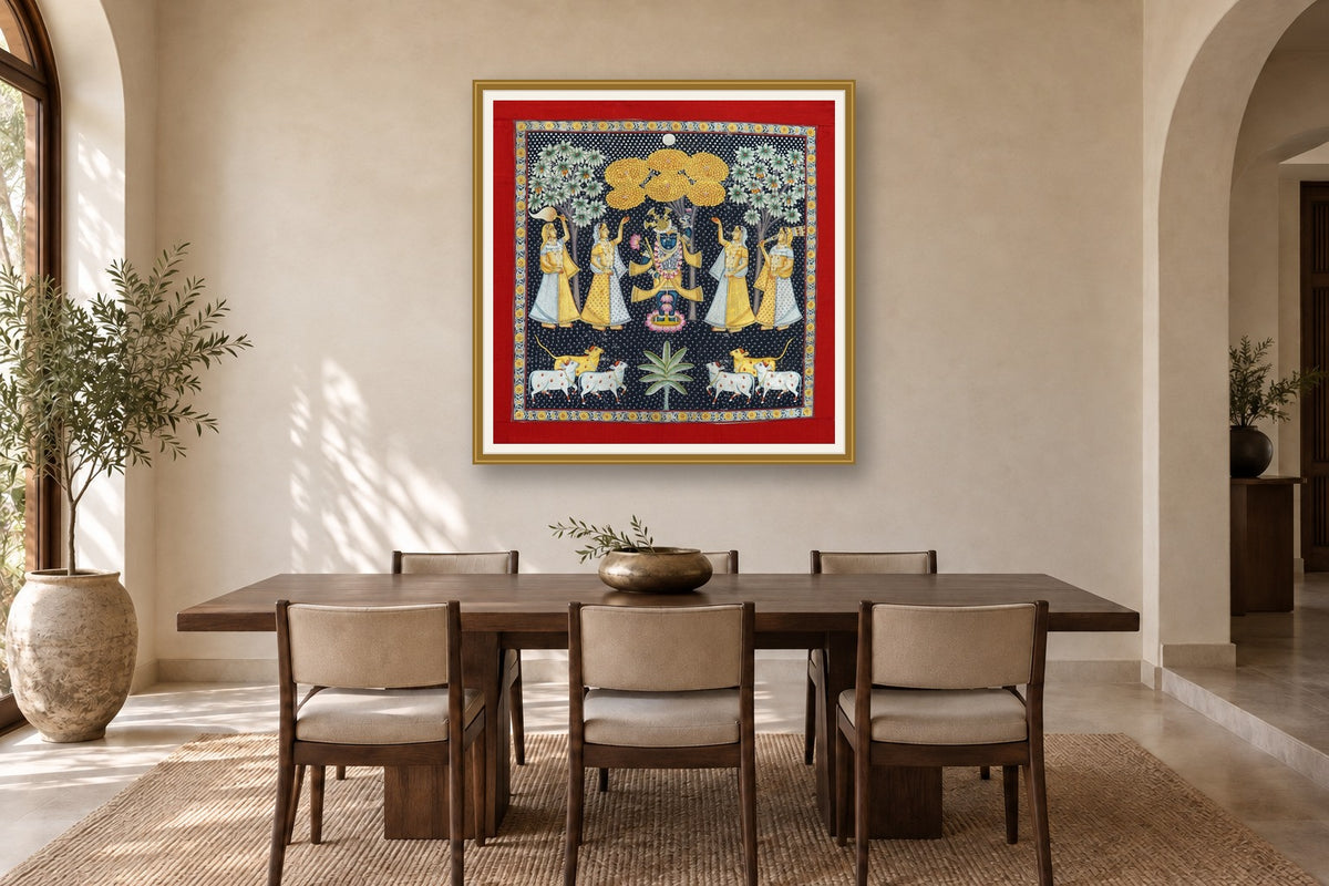 Black Shrinath Ji Sharad Poornima Contemporary Pichwai styled in a premium dining room