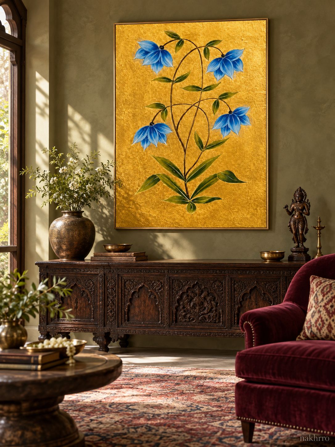 Blue Bell Flowers on Gold | Mughal Botanical Art Print in a styled room