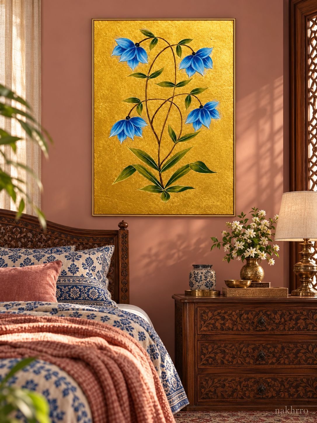 Blue Bell Flowers on Gold | Mughal Botanical Art Print in a styled room