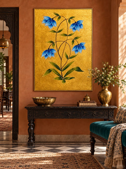 Blue Bell Flowers on Gold | Mughal Botanical Art Print in a styled room