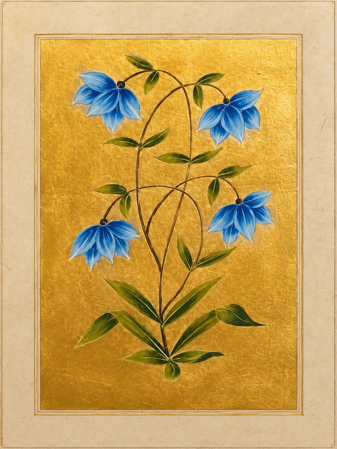 Four drooping blue flowers arc from delicate branching stems. Gold-ground botanical art.