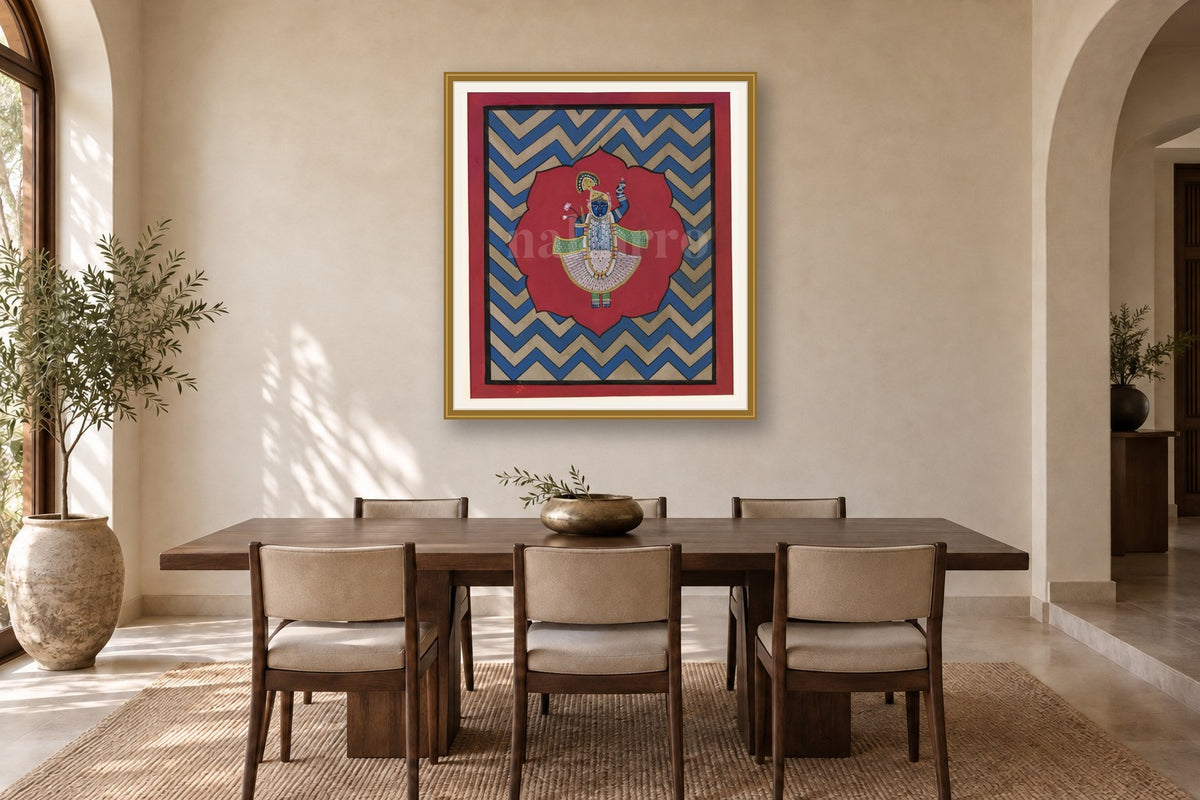 Blue Chevron Contemporary Geometric Pichwai styled in a premium dining room