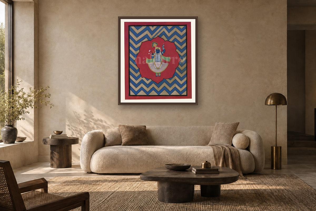 Blue Chevron Contemporary Geometric Pichwai styled in a premium living room