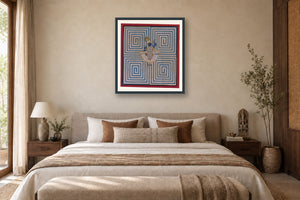 Blue Contemporary Geometric Pichwai styled in a premium bedroom