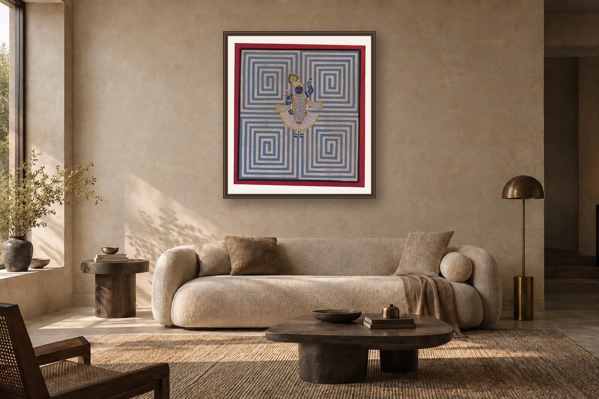 Blue Contemporary Geometric Pichwai styled in a premium living room