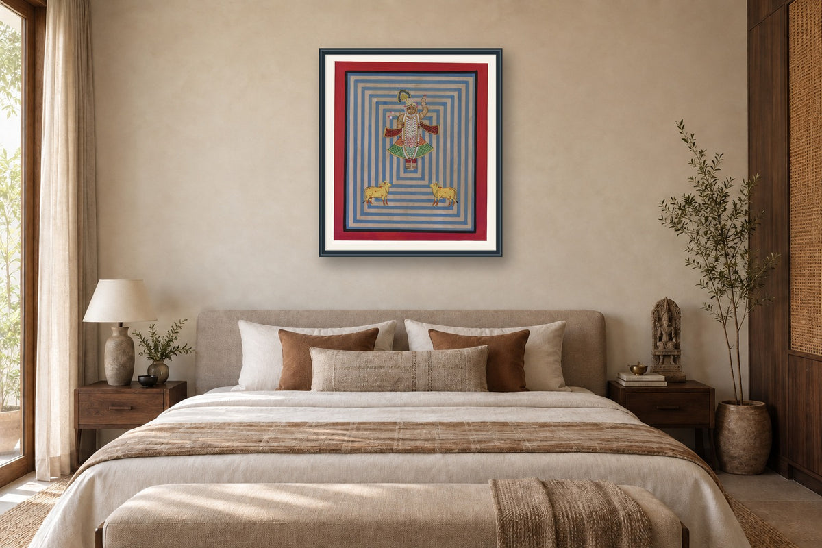 Blue Contemporary Geometric Shrinath Ji Pichwai styled in a premium bedroom