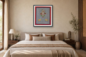 Blue Contemporary Geometric Shrinath Ji Pichwai styled in a premium bedroom